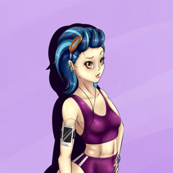 Size: 1600x1600 | Tagged: safe, artist:albertbm, character:indigo zap, g4, my little pony:equestria girls, belly button, breasts, cellphone, clothing, female, fit, headphones, human coloration, outfit, phone, purple background, shorts, simple background, smartphone, sports bra, sports shorts, sweat