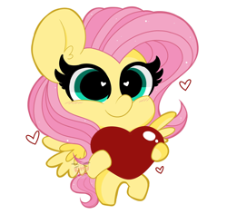 Size: 2048x1931 | Tagged: safe, artist:kittyrosie, character:fluttershy, species:pegasus, species:pony, g4, blushing, chibi, cute, female, heart, heart eyes, holding, looking at you, mare, shyabetes, simple background, smiling, solo, spread wings, white background, wingding eyes, wings