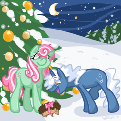 Size: 800x800 | Tagged: safe, artist:steeve, character:minty, character:pokey pierce, species:earth pony, species:pony, species:unicorn, g3, g4, bow, christmas, female, g3 to g4, g3betes, generation leap, hedgehog, male, mare, mintabetes, moon, night, snow, stallion