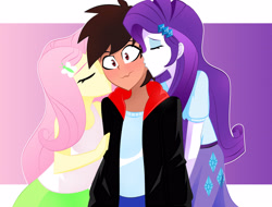 Size: 3222x2448 | Tagged: safe, artist:xan-gelx, character:fluttershy, character:rarity, oc, g4, my little pony:equestria girls, blushing, canon x oc, commission, eyes closed, kiss on the cheek, kissing, oc gets all the mares