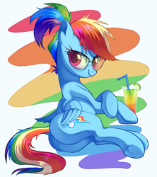 Size: 823x926 | Tagged: safe, artist:toroitimu, character:rainbow dash, species:pegasus, species:pony, g4, adorkable, alternate hairstyle, butt, cute, dashabetes, dock, dork, drink, female, glasses, looking at you, looking back, looking back at you, mare, plot, ponytail, sitting, solo, straw