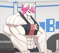 Size: 3139x2800 | Tagged: safe, artist:mopyr, oc, oc only, oc:fort, species:anthro, g4, abs, barbell, black sclera, female, horn, lifting, muscles, original species, overdeveloped muscles, solo, workout outfit