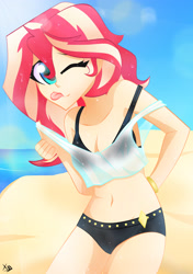 Size: 2304x3264 | Tagged: safe, artist:xan-gelx, character:sunset shimmer, g4, my little pony:equestria girls, adorasexy, beach, belly button, breasts, cleavage, clothing, cute, female, high res, looking at you, ocean, one eye closed, sand, see-through, sexy, shimmerbetes, sleeveless, solo, swimsuit, tongue out, water, wet