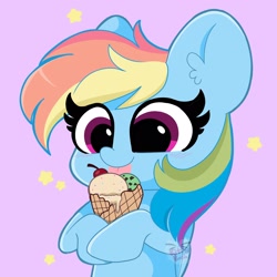 Size: 2048x2048 | Tagged: safe, artist:kittyrosie, character:rainbow dash, species:pegasus, species:pony, g4, cute, dashabetes, ear fluff, female, food, high res, ice cream, licking, mare, purple background, simple background, solo, stars, tongue out, waffle cone
