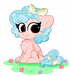 Size: 1886x2048 | Tagged: safe, artist:kittyrosie, character:cozy glow, species:pegasus, species:pony, g4, chest fluff, cozybetes, cute, female, filly, flower, grass, kittyrosie is trying to murder us, looking at you, simple background, sitting, smiling, solo, white background