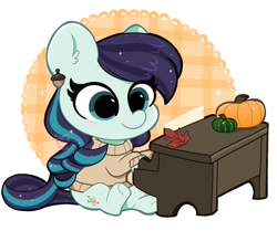 Size: 1672x1400 | Tagged: safe, artist:kittyrosie, character:coloratura, species:earth pony, species:pony, g4, chibi, clothing, cute, ear piercing, earring, female, jewelry, leaf, mare, musical instrument, piano, piercing, playing, pumpkin, rarabetes, solo, sweater