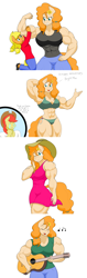 Size: 3016x9504 | Tagged: safe, artist:matchstickman, character:applejack, character:bright mac, character:pear butter, species:anthro, species:earth pony, species:plantigrade anthro, species:pony, g4, abs, acoustic guitar, big breasts, breasts, buff breasts, busty pear butter, cleavage, clothing, comic, dress, duo, female, guitar, milf, mother and daughter, muscles, muscular female, music notes, musical instrument, pants, pear buffer