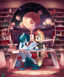 Size: 4291x5209 | Tagged: safe, artist:nevobaster, oc, oc only, oc:delta vee, oc:jet stream, species:pegasus, species:pony, g4, absurd resolution, bag, blueprint, book, bookshelf, clothing, compasses, conversation, drawing, eraser, female, fountain pen, glasses, globe, lamp, library, male, mare, mouth hold, pen, pencil, pencil in mouth, planet, quill, rug, ruler, scenery, shirt, sign, stallion, stars, sweater, symbol, tired, turtleneck, wings