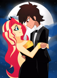 Size: 2370x3264 | Tagged: safe, artist:xan-gelx, character:sunset shimmer, oc, g4, my little pony:equestria girls, bare shoulders, bedroom eyes, clothing, commission, dress, female, full moon, high res, holding hands, lidded eyes, looking at each other, male, moon, night, night sky, pants, sky, sleeveless, strapless, suit
