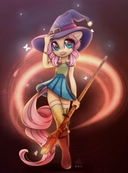 Size: 2000x2700 | Tagged: safe, artist:radioaxi, character:fluttershy, species:anthro, species:unguligrade anthro, species:unicorn, g4, abstract background, alternate hairstyle, clothing, cute, female, hat, let's start the game, looking at you, mage, mare, shyabetes, skirt, smiling, solo, staff, wand, witch hat