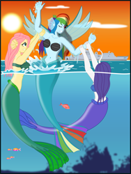 Size: 1700x2264 | Tagged: safe, artist:physicrodrigo, part of a set, character:fluttershy, character:rainbow dash, character:rarity, series:equestria mermaids, g4, my little pony:equestria girls, absolute cleavage, angler fish, arm grab, bare chest, belly button, bra, breasts, cleavage, ear fins, female, fin wings, fish, gritted teeth, mermaid, mermaidized, one eye closed, part of a series, scp foundation, seashell bra, spanish, species swap, splashing, story included, struggling, sunset, surfacing, trio, underwater, wings