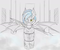 Size: 2048x1707 | Tagged: safe, artist:snowstormbat, oc, oc:midnight snowstorm, species:bat pony, species:pony, g4, armor, augmented, biohacking, cybernetic wings, cyborg, sketch, spear, weapon, wings