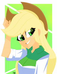 Size: 2376x3096 | Tagged: safe, artist:xan-gelx, character:applejack, g4, my little pony:equestria girls, adorable face, beautiful, beautiful eyes, beautiful hair, clothing, cowboy hat, cowgirl, cute, female, freckles, green eyes, hat, high res, jackabetes, smiling, solo, stetson, yellow hair