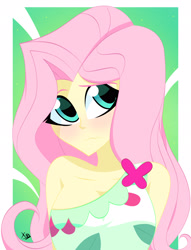 Size: 2352x3084 | Tagged: safe, artist:xan-gelx, character:fluttershy, species:eqg human, equestria girls:spring breakdown, g4, my little pony: equestria girls, my little pony:equestria girls, adorasexy, blushing, breasts, busty fluttershy, cleavage, clothing, cute, eyelashes, female, off shoulder, sexy, shyabetes, solo, wavy mouth