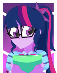 Size: 2448x3174 | Tagged: safe, artist:xan-gelx, character:twilight sparkle, character:twilight sparkle (scitwi), species:eqg human, g4, my little pony:equestria girls, abstract background, adorkable, book, clothing, crossed arms, cute, dork, eyelashes, female, glasses, high res, meganekko, solo, twiabetes, white border