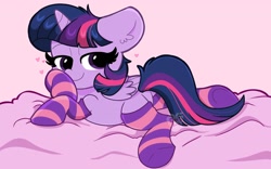 Size: 2048x1280 | Tagged: safe, artist:kittyrosie, character:twilight sparkle, character:twilight sparkle (alicorn), species:alicorn, species:pony, g4, blanket, clothing, cute, ear fluff, female, heart, looking at you, lying down, mare, pink background, prone, simple background, socks, solo, stockings, striped socks, thigh highs, twiabetes
