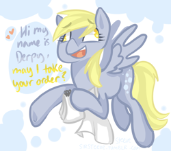 Size: 726x640 | Tagged: safe, artist:steeve, character:derpy hooves, species:pegasus, species:pony, g4, abstract background, cropped, female, flying, mare, no pupils, solo, waiter
