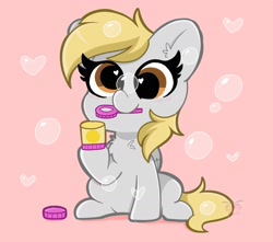 Size: 1700x1500 | Tagged: safe, artist:kittyrosie, character:derpy hooves, species:pegasus, species:pony, g4, blushing, bubble, bubble wand, chest fluff, cute, derpabetes, female, heart bubbles, heart eyes, mouth hold, simple background, sitting, smiling, soap bubble, solo, wingding eyes