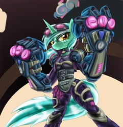 Size: 1039x1080 | Tagged: safe, artist:zedrin, character:lyra heartstrings, badass, bipedal, crossover, female, hand, humie, league of legends, mechanical hands, solo, vi