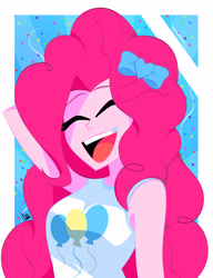 Size: 2448x3186 | Tagged: safe, artist:xan-gelx, character:pinkie pie, species:eqg human, g4, my little pony:equestria girls, abstract background, arm behind head, bow, confetti, cute, diapinkes, eyes closed, female, hair bow, hairclip, high res, open mouth, simple background, solo