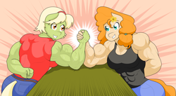 Size: 3613x1985 | Tagged: safe, artist:matchstickman, character:granny smith, character:pear butter, species:anthro, species:earth pony, species:pony, g4, arm wrestling, breasts, busty pear butter, clothing, digital art, female, granny smash, grin, gritted teeth, muscles, muscular female, pear buffer, smiling, sweat, vein bulge, young granny smith, younger