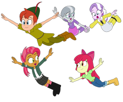 Size: 6000x5000 | Tagged: safe, artist:eagc7, patreon reward, character:apple bloom, character:babs seed, character:diamond tiara, character:silver spoon, g4, my little pony:equestria girls, crossover, disney, equestria girls-ified, female, flying, holding hands, male, patreon, peter pan, scared, simple background, transparent background