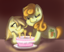 Size: 762x629 | Tagged: safe, artist:steeve, character:carrot top, character:golden harvest, character:noi, species:earth pony, species:pony, cake, cropped, cute, eyes closed, female, filly, mare, noiabetes