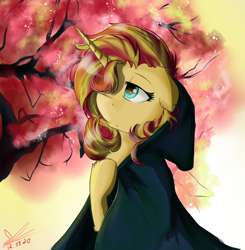 Size: 1020x1039 | Tagged: safe, alternate version, artist:yuris, character:sunset shimmer, species:pony, species:unicorn, g4, cherry blossoms, female, flower, flower blossom, redrawn, solo