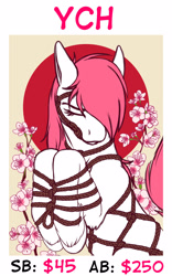 Size: 1000x1600 | Tagged: safe, artist:wwredgrave, species:pony, g4, advertisement, auction, auction open, bondage, cherry blossoms, commission, flower, flower blossom, japanese, rope, rope bondage, ropes, shibari, solo, tree, ych sketch, your character here