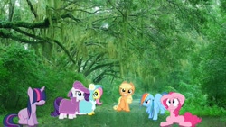 Size: 1920x1080 | Tagged: safe, artist:mr-kennedy92, character:applejack, character:fluttershy, character:pinkie pie, character:rainbow dash, character:rarity, character:twilight sparkle, clothing, coat, hat, mane six, ponies in real life, rain, river, stream, tree, vector, wet mane