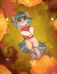 Size: 1550x2000 | Tagged: safe, artist:dipfanken, artist:radioaxi, oc, oc only, species:pony, g4, autumn, book, butterfly, collaboration, commission, cute, eye clipping through hair, female, lying down, lying in grass, mare, not coco, on back, solo, tree, ych result