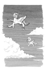 Size: 644x995 | Tagged: safe, artist:adeptus-monitus, oc, oc:summer ray, species:hippogriff, species:pegasus, species:pony, fanfic:through the aurora, g4, duo, flying, grayscale, monochrome, traditional art