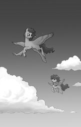 Size: 695x1080 | Tagged: safe, artist:adeptus-monitus, oc, oc:summer ray, species:hippogriff, species:pegasus, species:pony, fanfic:through the aurora, g4, duo, flying, grayscale, monochrome, sky