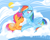 Size: 1010x800 | Tagged: safe, artist:steeve, character:rainbow dash, character:scootaloo, species:pegasus, species:pony, g4, blank flank, cloud, cloudy, cropped, cutie mark, eyes closed, female, filly, foal, happy, hooves, lying on a cloud, mare, on a cloud, one eye closed, prone, scootalove, smiling, sun, wings