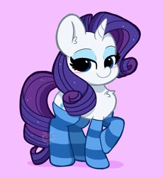 Size: 2300x2500 | Tagged: safe, artist:kittyrosie, character:rarity, species:pony, species:unicorn, g4, blushing, chest fluff, clothing, cute, ear fluff, female, high res, mare, pink background, raribetes, simple background, socks, solo, striped socks