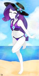 Size: 1914x3664 | Tagged: safe, artist:xan-gelx, character:rarity, species:eqg human, equestria girls:forgotten friendship, g4, my little pony: equestria girls, my little pony:equestria girls, adorasexy, barefoot, beach, belly button, bikini, clothing, cloud, cute, eyes closed, feet, female, happy, hat, ocean, sand, sexy, smiling, solo, swimsuit, water