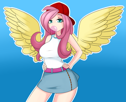 Size: 4351x3500 | Tagged: safe, artist:caoscore, character:fluttershy, species:human, g4, 90s grunge fluttershy, big breasts, breasts, bubblegum, busty fluttershy, cap, clothing, food, gum, hand on hip, hat, humanized, looking at you, skirt, solo, tank top, winged humanization, wings