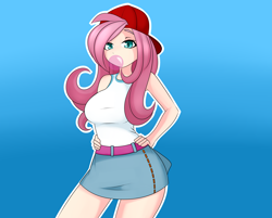 Size: 4351x3500 | Tagged: safe, alternate version, artist:caoscore, character:fluttershy, species:human, g4, 90s grunge fluttershy, big breasts, breasts, bubblegum, busty fluttershy, cap, clothing, female, food, gradient background, gum, hand on hip, hat, humanized, looking at you, skirt, solo