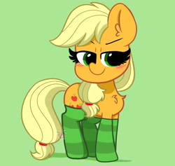 Size: 1900x1800 | Tagged: safe, artist:kittyrosie, character:applejack, species:earth pony, species:pony, g4, blushing, chest fluff, clothing, cute, ear fluff, female, green background, hatless, jackabetes, mare, missing accessory, simple background, socks, solo, striped socks