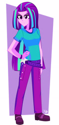 Size: 1548x3264 | Tagged: safe, artist:xan-gelx, character:aria blaze, species:eqg human, g4, my little pony:equestria girls, abstract background, clothing, female, hand on hip, high res, pants, shirt, shoes, simple background, solo