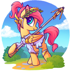 Size: 1000x1000 | Tagged: safe, artist:lollipony, character:fluttershy, species:pegasus, species:pony, g4, alternate hairstyle, clothing, cosplay, costume, crossover, cute, ear fluff, eye clipping through hair, female, laurel, mare, mercyshy, overwatch, profile, scenery, shyabetes, smiling, solo