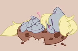 Size: 2048x1335 | Tagged: safe, artist:kittyrosie, character:derpy hooves, species:pegasus, species:pony, g4, blushing, chest fluff, ear fluff, eating, eyes closed, floating heart, giant cookie, heart, messy eating, simple background, sleeping