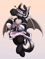 Size: 2000x2624 | Tagged: safe, artist:peachmayflower, oc, oc only, oc:oldi filmes, oc:oldis filmes, species:bat pony, species:pony, g4, bow tie, chest fluff, clothing, commission, cute, duster, female, maid, mare, mouth hold, one eye closed, solo, stockings, thigh highs, wink