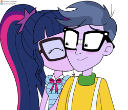 Size: 5377x4632 | Tagged: safe, artist:eagc7, character:microchips, character:twilight sparkle, character:twilight sparkle (scitwi), species:eqg human, ship:microlight, g4, my little pony:equestria girls, blushing, duo, female, kiss on the cheek, kissing, male, shipping, simple background, straight, transparent background