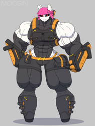 Size: 2550x3367 | Tagged: safe, artist:mopyr, oc, oc only, oc:fort, species:anthro, g4, abs, black sclera, clothing, evening gloves, female, gauntlet, gloves, hybrid, long gloves, muscles, original species, outfit, overdeveloped muscles, pouch, skintight clothes, solo, stockings