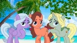 Size: 2063x1161 | Tagged: safe, artist:not-yet-a-brony, artist:sonofaskywalker, character:dear darling, character:fond feather, character:swoon song, species:earth pony, species:pegasus, species:pony, species:unicorn, g4, 3lw, beach, beautiful, bimbettes, female, group, lyrics in the description, mare, ocean, palm tree, pretty, singing, song reference, summer, tree, trio, tropical, youtube link, youtube link in the description