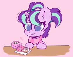 Size: 2799x2187 | Tagged: safe, artist:kittyrosie, character:starlight glimmer, species:pony, species:unicorn, g4, chocolate, clothing, colored pupils, cute, donut, female, filly, filly starlight glimmer, food, glimmerbetes, hot chocolate, marshmallow, mug, pigtails, scarf, solo, younger
