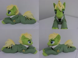 Size: 1597x1199 | Tagged: safe, artist:little-broy-peep, oc, oc:applesnack, oc:steelhooves, species:pony, fallout equestria, g4, clothing, irl, lying down, male, missing accessory, photo, plushie, prone, solo, stallion, uniform