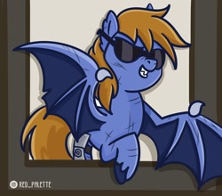 Size: 1280x1127 | Tagged: safe, artist:redpalette, oc, species:bat pony, species:pony, g4, bat pony oc, bat wings, cute, disabled, fangs, male, smiling, spread wings, sunglasses, wings
