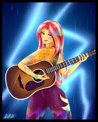 Size: 2000x2500 | Tagged: safe, artist:albertbm, character:sunset shimmer, species:eqg human, episode:let it rain, g4, my little pony: equestria girls, my little pony:equestria girls, spoiler:eqg series (season 2), acoustic guitar, clothing, cutie mark, cutie mark on clothes, female, guitar, high res, looking at you, musical instrument, open mouth, pants, singing, solo